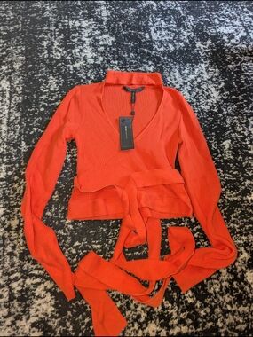BCBG V-Neck Ribbed Tie-Waist Sweater Top - Orange